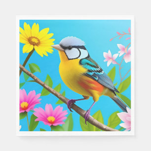 Vibrant Songbird Perched on a Flowering Branch Napkin
