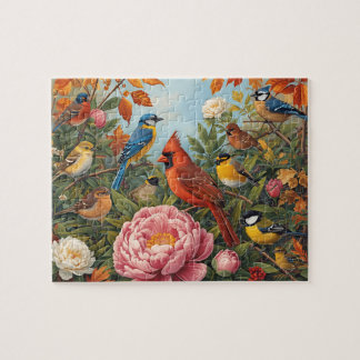 Vibrant Songbirds Autumn Flowers Jigsaw Puzzle