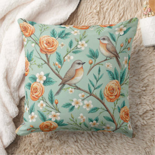 Vibrant Songbirds Orange Flowers Green Leaves Throw Pillow