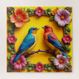 Vibrant Songbirds Surrounded by Floral Frame Jigsaw Puzzle