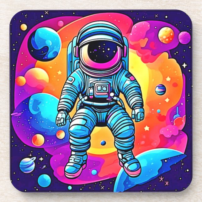 Vibrant Space Cartoon Art: Astronaut Dreams Coaster (Front)