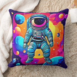 Vibrant Space Cartoon Art: Astronaut Dreams Throw Pillow