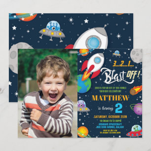 Vibrant Space Rocket Ship Planets Birthday Photo Invitation