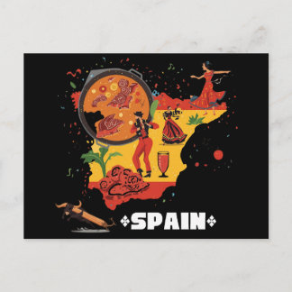 Vibrant Spain Map Flamenco, Paella & Bull Postcard