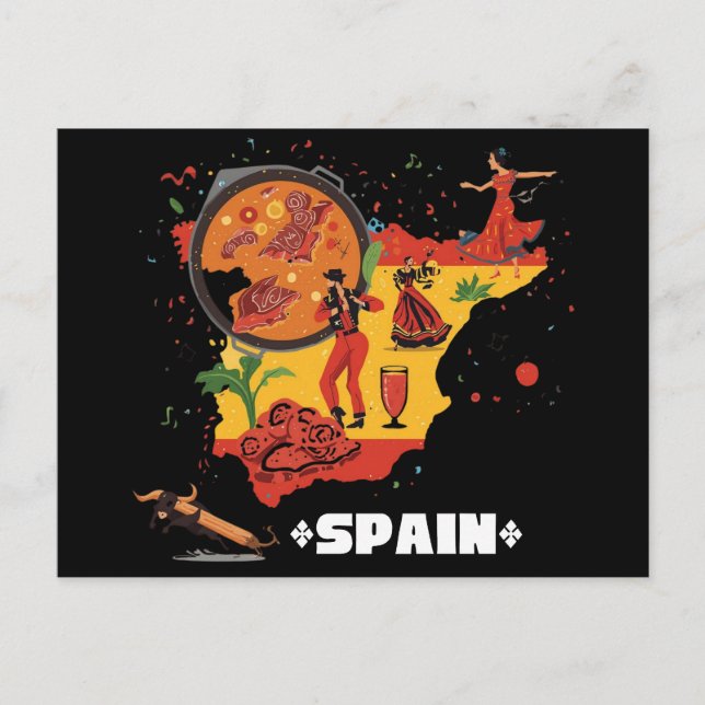 Vibrant Spain Map Flamenco, Paella & Bull Postcard (Front)