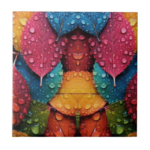 Vibrant Spectrum Raindrops on Leaves”Ceramic Tile