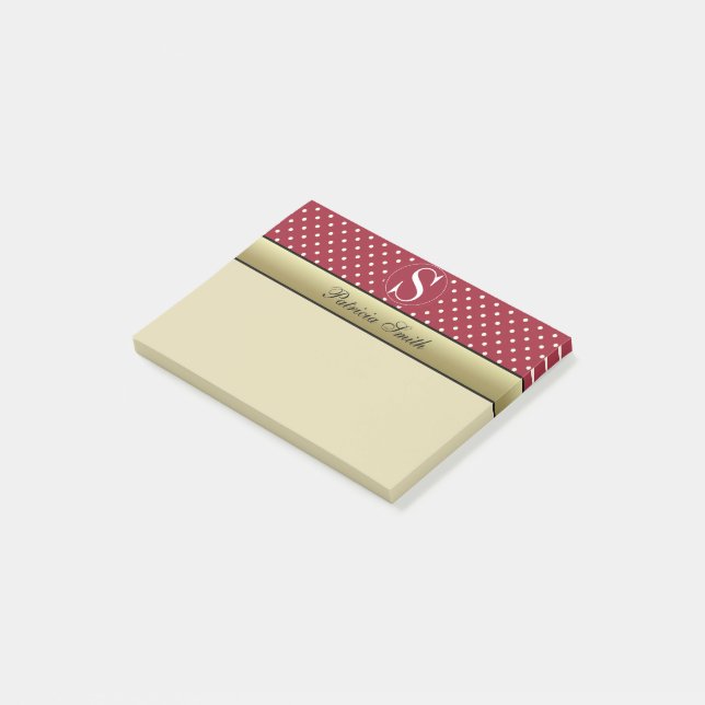 Vibrant Spicy Red White Polka Dot Monogram 50 Pcs Post-it Notes (Angled)