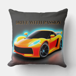 Vibrant Sports Car with Neon Glow Racing Car Throw Pillow
