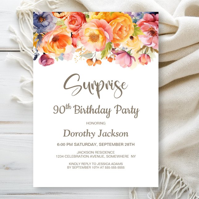 Vibrant Spring Floral Surprise 90th Birthday Party Invitation (Creator Uploaded)