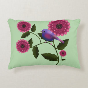 Vibrant Spring Floral with Cute Purple Bird Art Accent Pillow