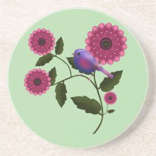 Vibrant Spring Floral with Cute Purple Bird Art Coaster