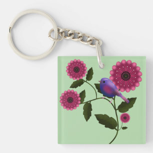 Vibrant Spring Floral with Cute Purple Bird Art Keychain