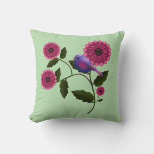 Vibrant Spring Floral with Cute Purple Bird Art Throw Pillow