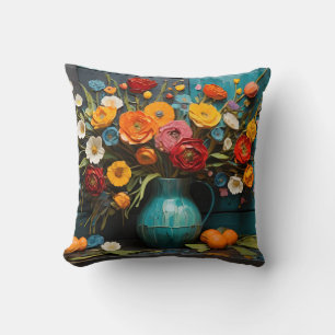 Vibrant Spring Flowers Painting Throw Pillow