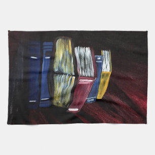 Vibrant Stacked Books Painting Literary Kitchen Towel