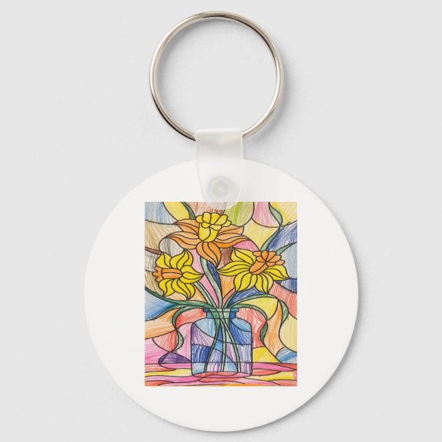 Vibrant Stained Gl Daffodils Sticker  Keychain (Front)