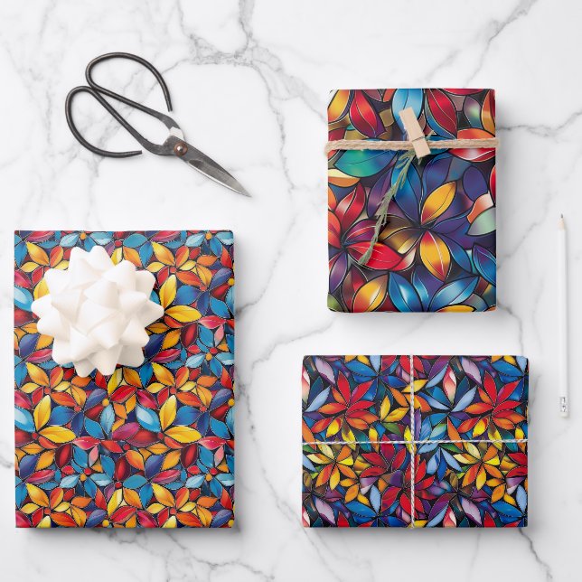 Vibrant Stained-Glass 3D Floral Pattern Wrapping Paper Sheet (Front)