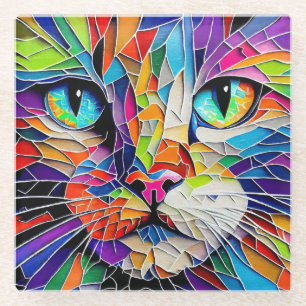 Vibrant Stained Glass Cat Coaster