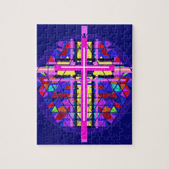 Vibrant Stained Glass Christian Cross. Jigsaw Puzzle (Vertical)