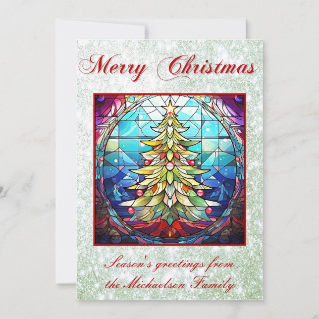 Vibrant Stained Glass Christmas Tree Green Glitter Holiday Card (Front)