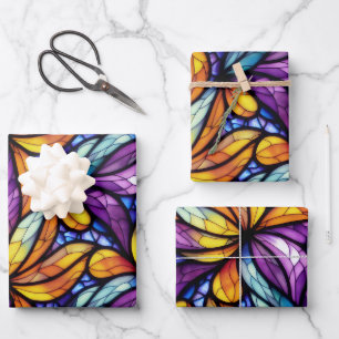 Vibrant Stained Glass Floral: Colourful Design Wrapping Paper Sheet