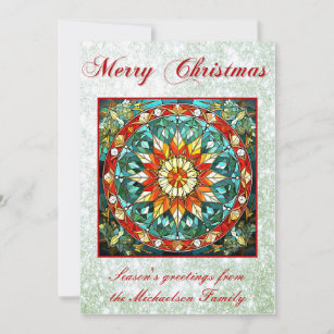 Vibrant Stained Glass Floral Mandala Green Glitter Holiday Card