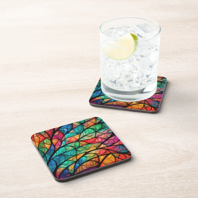Vibrant Stained Glass Foliage Hard Plastic  Coaster (Right Side)