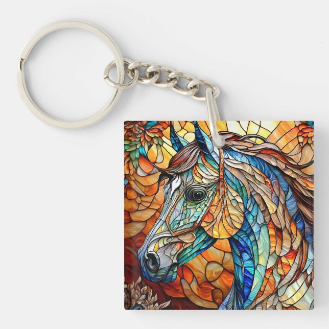 Vibrant Stained Glass Horse 25 Keychain (Front)