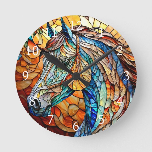 Vibrant Stained Glass Horse 25 Round Clock (Front)