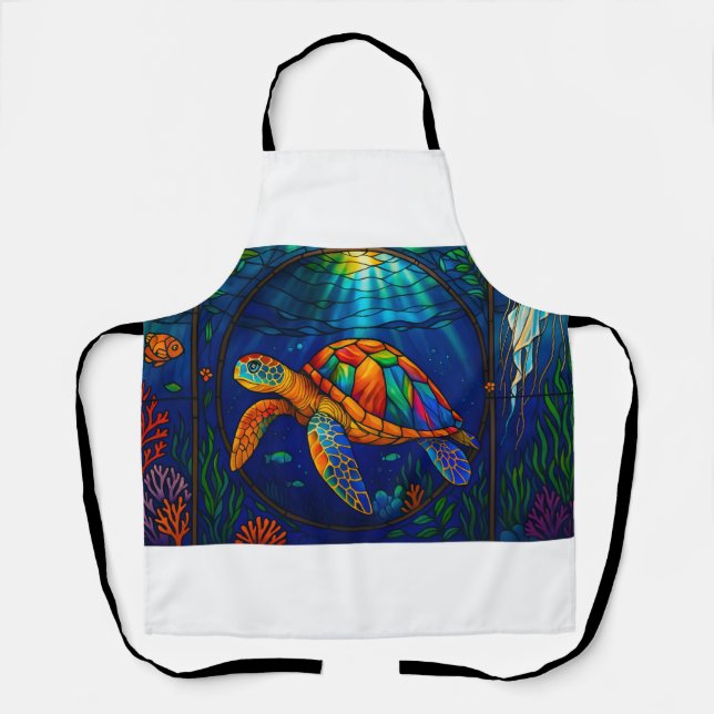 Vibrant Stained Glass Sea Turtle Ocean Design Apron (Front)