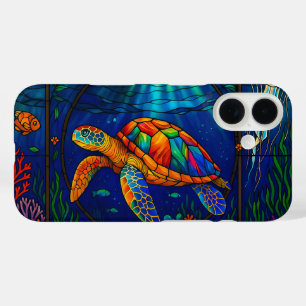 Vibrant Stained Glass Sea Turtle Ocean Design iPhone 16 Case