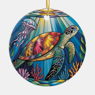 Vibrant Stained Glass Sea Turtle Ocean Design Ceramic Ornament