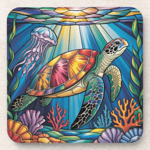 Vibrant Stained Glass Sea Turtle Ocean Design Coaster