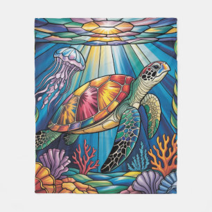 Vibrant Stained Glass Sea Turtle Ocean Design Fleece Blanket