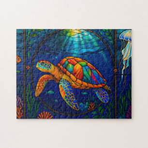 Vibrant Stained Glass Sea Turtle Ocean Design Jigsaw Puzzle