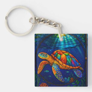 Vibrant Stained Glass Sea Turtle Ocean Design Keychain