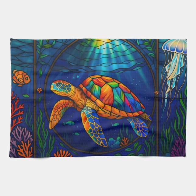 Vibrant Stained Glass Sea Turtle Ocean Design Kitchen Towel (Horizontal)