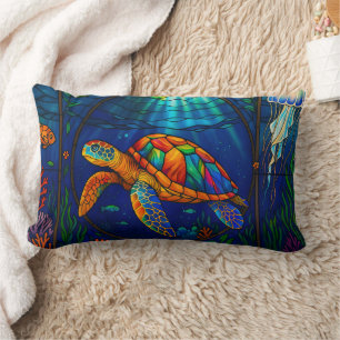 Vibrant Stained Glass Sea Turtle Ocean Design Lumbar Pillow