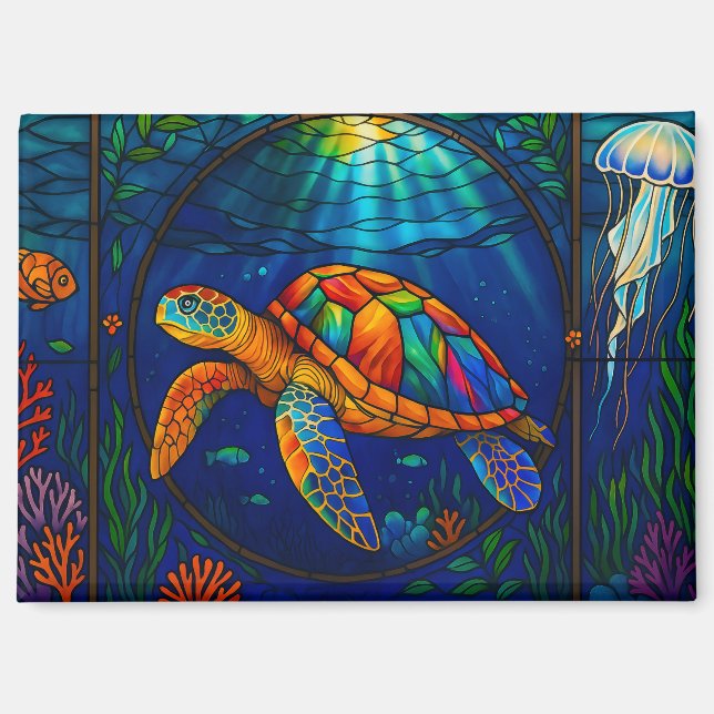 Vibrant Stained Glass Sea Turtle Ocean Design Magnet (Front)