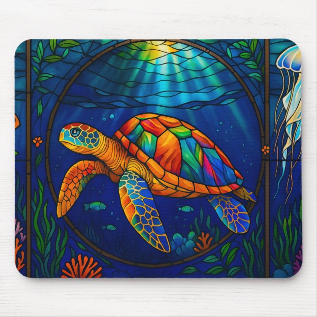 Vibrant Stained Glass Sea Turtle Ocean Design Mouse Pad (Front)