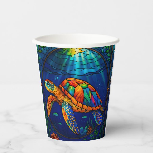 Vibrant Stained Glass Sea Turtle Ocean Design Paper Cups (Front)