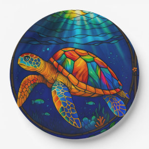 Vibrant Stained Glass Sea Turtle Ocean Design Paper Plate