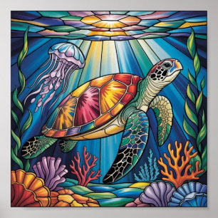 Vibrant Stained Glass Sea Turtle Ocean Design Poster