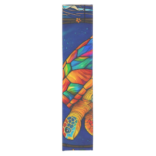 Vibrant Stained Glass Sea Turtle Ocean Design Short Table Runner