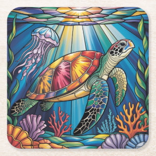 Vibrant Stained Glass Sea Turtle Ocean Design Square Paper Coaster