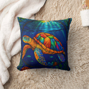 Vibrant Stained Glass Sea Turtle Ocean Design Throw Pillow