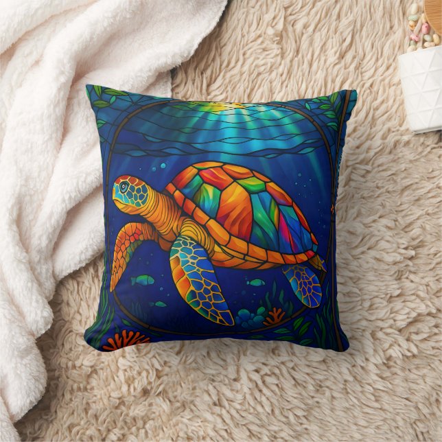 Vibrant Stained Glass Sea Turtle Ocean Design Throw Pillow (Blanket)