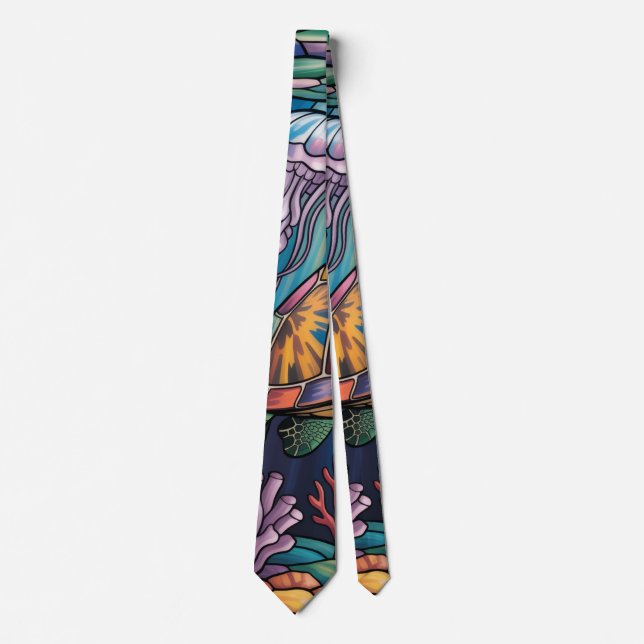Vibrant Stained Glass Sea Turtle Ocean Design Tie (Front)