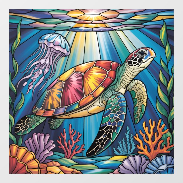 Vibrant Stained Glass Sea Turtle Ocean Design Window Cling (Sheet)