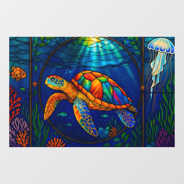 Vibrant Stained Glass Sea Turtle Ocean Design Window Cling (Sheet)